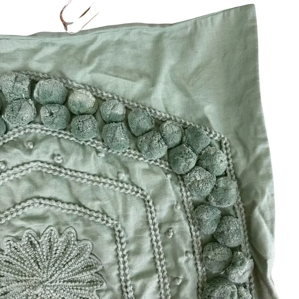 Pottery Barn Green Pom Pom Square Accent Throw Pillow Cover Sham Boho 20